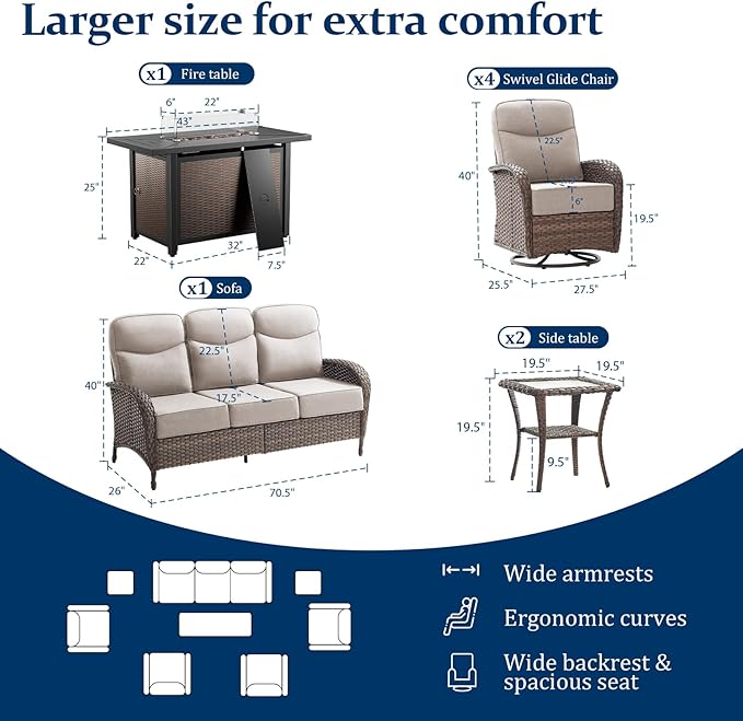 Outdoor Swivel Rocking Chair Patio Set (8pcs) High-Back-Thick Cushion Swivel Rocking Chair Patio with Fire Table Set, All-Weather Wicker Patio Furniture Set, Suitable for Balcony Patios, Brown/Beige
