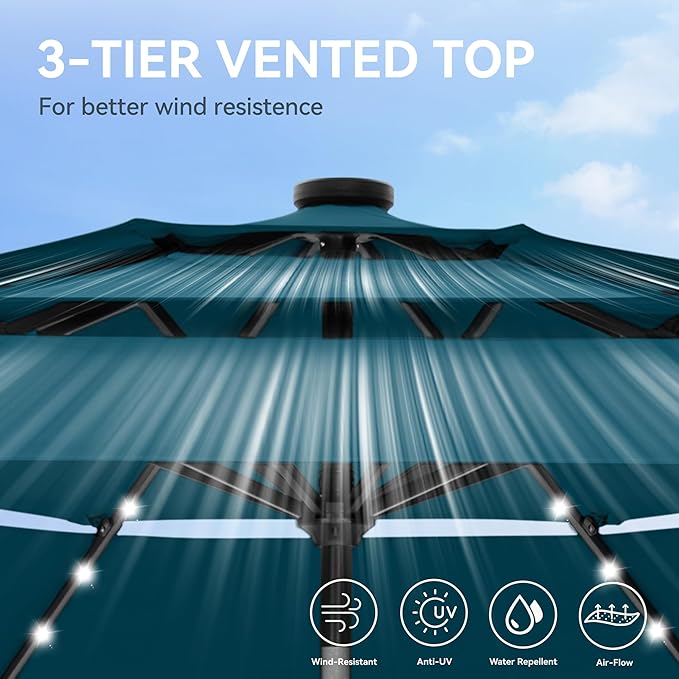 GREEN PARTY 10ft Patio Umbrella with Solar Lights, Auto-Tilt Lighted Market Table Umbrellas with Crank, 8 Sturdy Ribs & 1.5" Pole outdoor umbrellas for Patio Garden Deck Backyard Pool, Cerulean