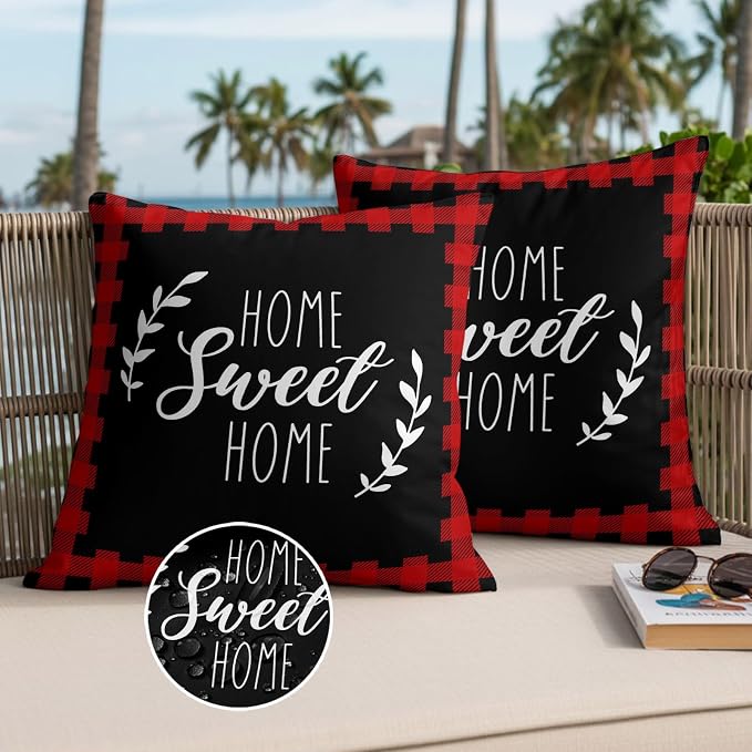 Home Sweet Home Waterproof Outdoor Pillow Covers Set of 2 Home Decor, Leaves Red Buffalo Plaid Pillowcase Patio Pillow Covers for Couch Bench Patio Furniture Garden 26x26in