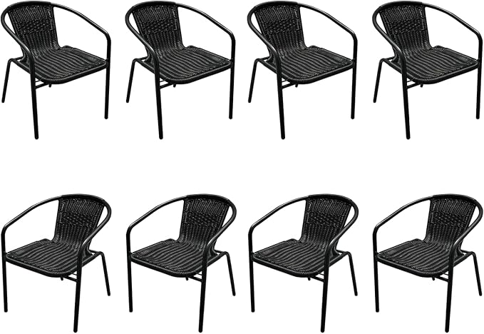 8 Stackable Wicker Patio Chairs, Weather-Resistant Outdoor Seating, Ideal for Balcony Porch Lawn & Small Patio Furniture Set Decor, Black