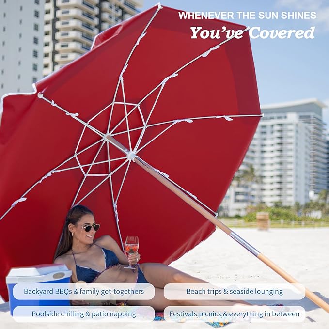 AMMSUN 7.5ft Heavy Duty HIGH Wind Beach Umbrella Commercial Grade wood Beach Umbrella with Air Vent Ash Wood Pole & Portable Carry Bag UPF50+ Protection Windproof Red