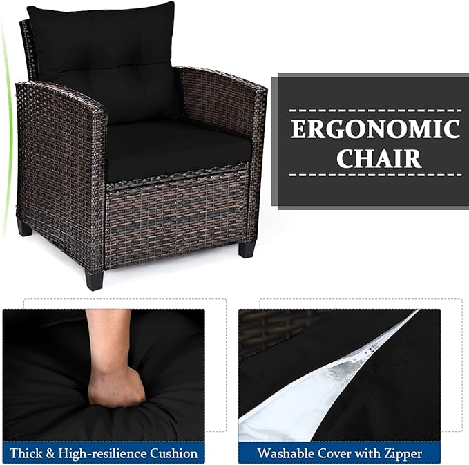 3-Piece Wicker Patio Furniture Set, Outdoor Sofa Set with Water-Resistant Cushion & Tempered Glass Table, Black