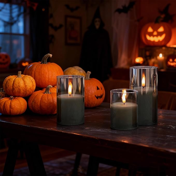 GenSwin Rechargeable Candles with Remote Timer and Charging Base, Set of 3 Glass Battery Operated Candles with 3D Flickering Wick, Black LED Flameless Candle for Home Party Decor(D3” x H4”5”6”)