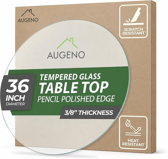 36-inch Round 3/8" Thick Pencil Polished Edge Glass Table Top with 6 Bumpers - Tempered, Scratch Resistant & Safety Replacement Glass Designed for Dining, Coffee, Patio & End Tables