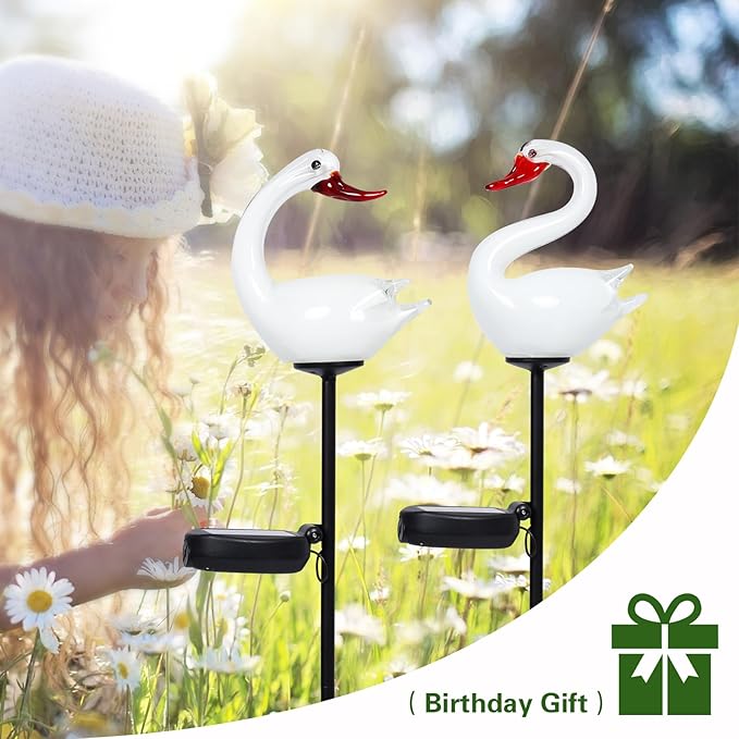 Afirst Solar Goose Garden Stake Lights Hand-Blown Glass Figurine LED Outdoor Decorative Waterproof Solar Landscape Lighting for Yard Lawn Patio Path Walkway Garden Decor 2 Pack