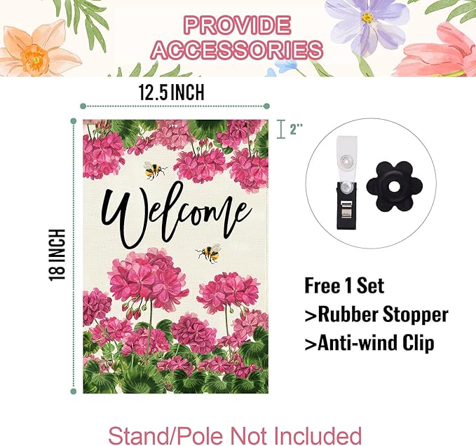 Baccessor Spring Summer Geranium Welcome Garden Flag Double Sided Burlap with Clip and Stopper,Pink Floral Bee Flag Seasonal Farmhouse Front Entry Yard Lawn Outside Outdoor Decoration 12.5 x 18 Inch