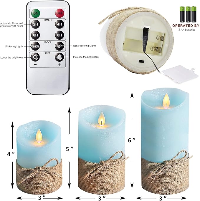 Ocean Blue Flameless Candles, Nautical Themed Led Pillar Candles with Remote & Timer, Decorative Flickering Candles for Gifts, Party, Wedding, Home Decorations - Set of 3