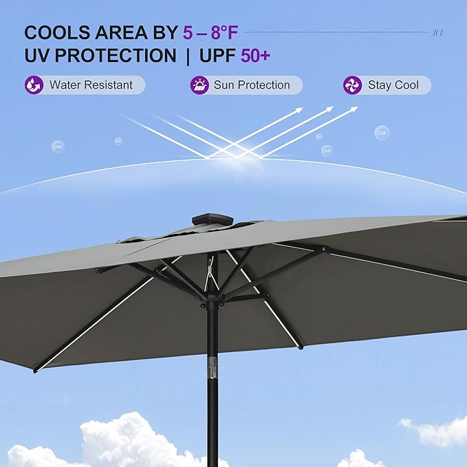 PURPLE LEAF 5' x 8' Rectangular Patio Umbrella with Solar LED Outdoor Table Umbrella Aluminum Frame Market Umbrella Sun Umbrella for Garden Deck Lawn Pool Gray