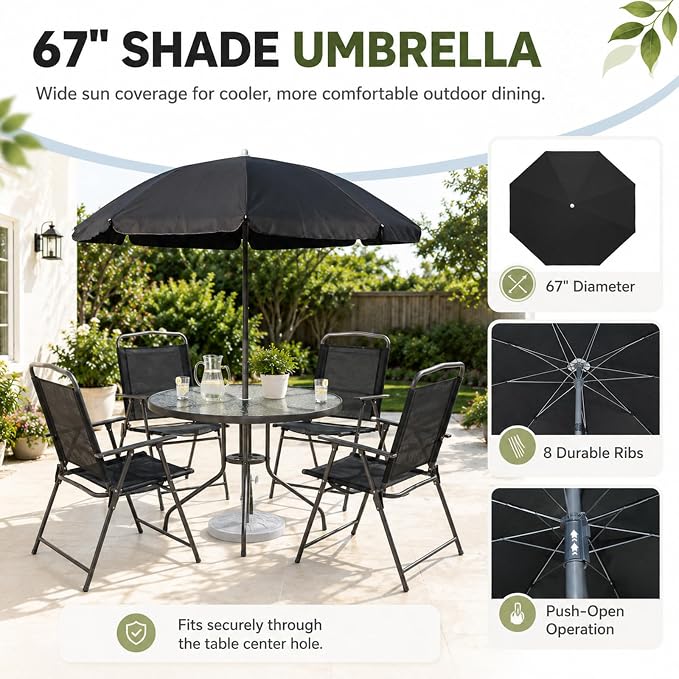 6-Piece Patio Dining Set for 4 with Umbrella, Outdoor Table and Chairs Set with 4 Folding Chairs, Round 31.5" Tempered Glass Table for Garden Backyard Poolside (Black)