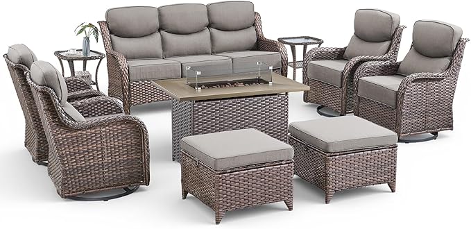 Luxury Patio Furniture Set with Fire Pit Table-10 Pieces All Weather Outdoor Swivel Rocker Chairs with Sofa and Ottomans. Outdoors Patio Conversation Sets for Porch Deck Garden(Brown/Grey)