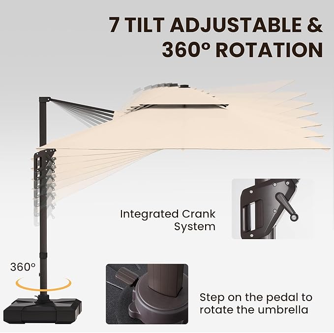 9 X 12 FT Cantilever Patio Umbrella with Led Lights and Base Included Outdoor Heavy Duty Double Top Rectangle Offset Umbrellas with 360-degree Rotation for Pool Deck Backyard, Beige
