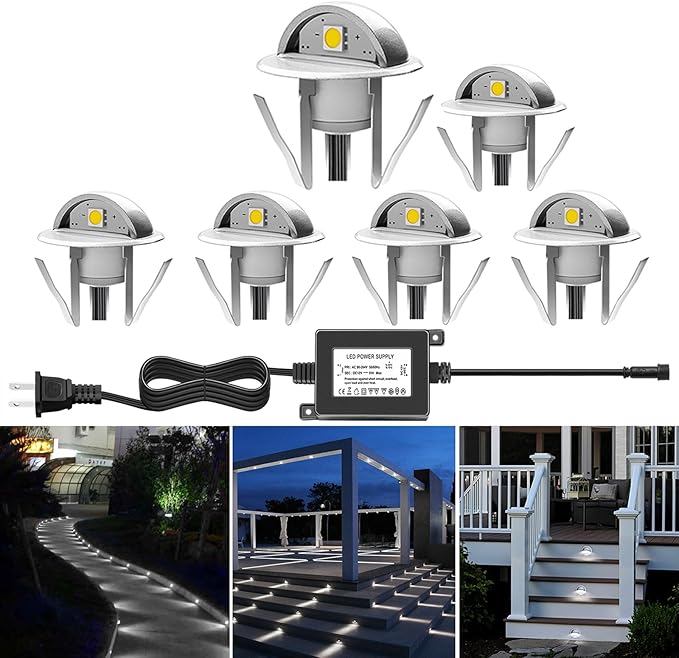 6 Pack LED Stair Lights Kit Low Voltage Waterproof IP65 Outdoor 1-2/5" Recessed Wood LED Deck Lighting Yard Garden Patio Step Landscape Pathway Decor Lamps,Cool White
