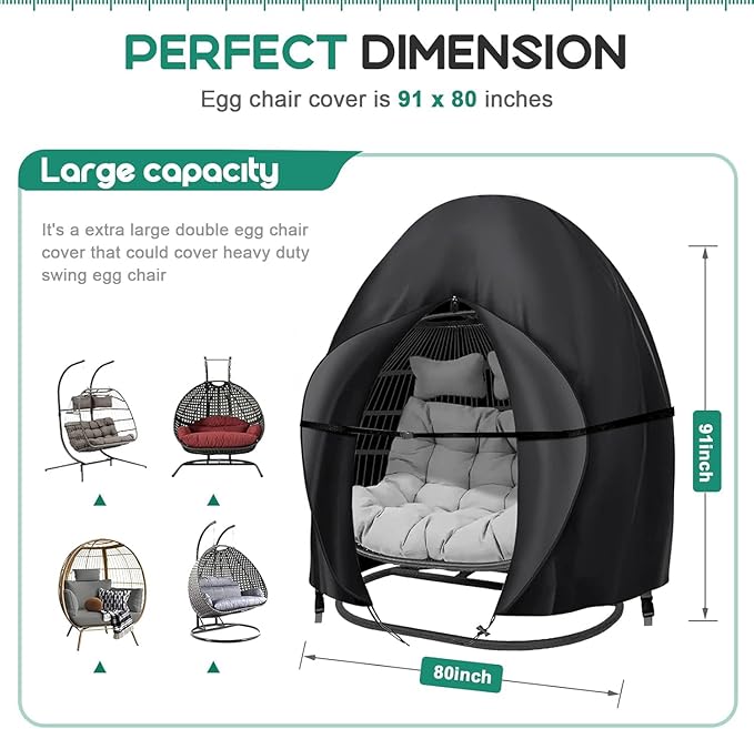Patio Egg Chair Covers with Zipper, 91x80 Inches, Extra Large Double Cover for Egg Chairr Outdoor Furniture, Heavy Duty Swing Hanging Eggs Chair Cover Waterproof, Anti-UV, Dust-proof Black