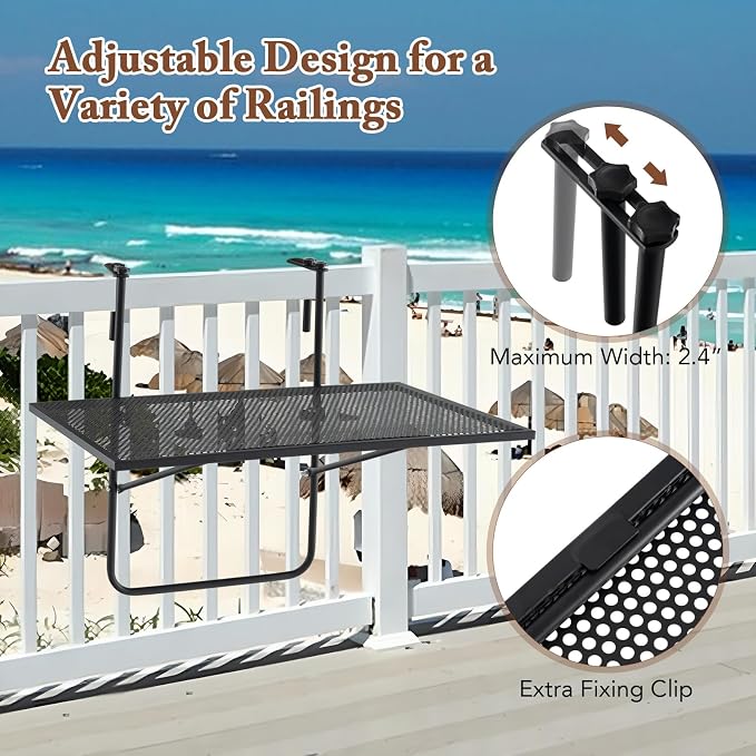 HAPPYGRILL Balcony Hanging Table for Railing, Outdoor Metal Folding Deck Bar Table with Adjustable Hooks, Black