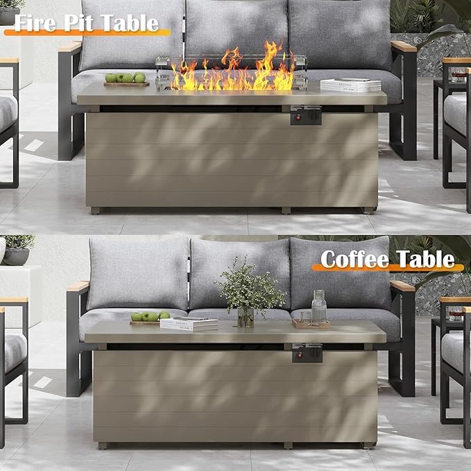Metal Patio Furniture Set, 7 Pieces Outdoor Sectional Couch Sets with Fire Pit Table, 6" Thick Cushion Outdoor Corner Sofa Set for Deck, Patio & Courtyard (Gray/Green)