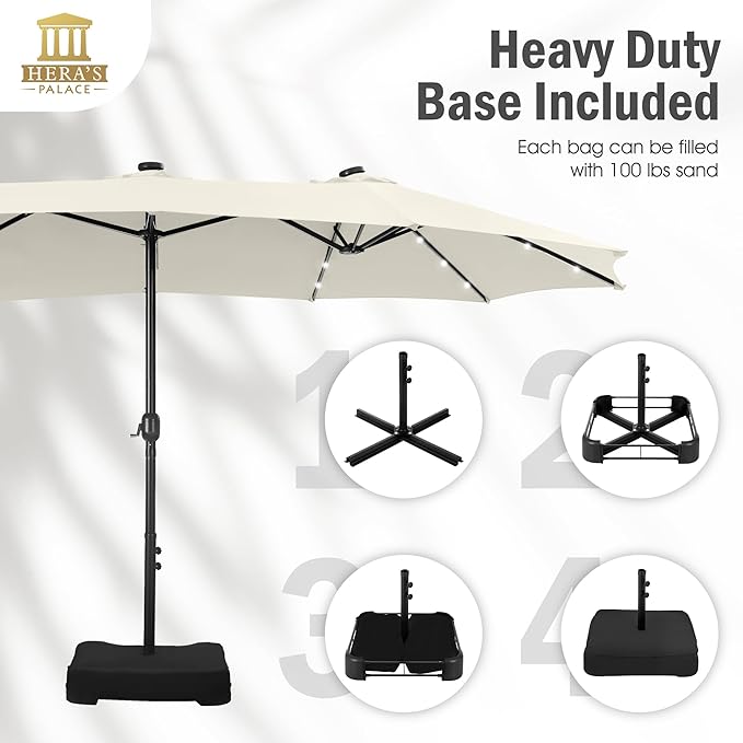 HERA'S PALACE 15ft Patio Umbrella with Base Included Double Sided Outdoor Umbrella for Patio Table Umbrella Outdoor 36 LED Solar Lights for Garden