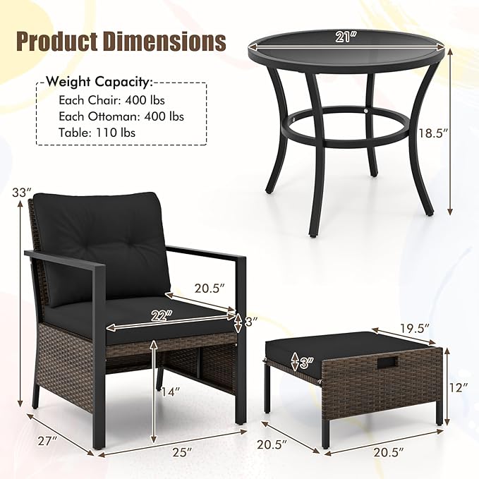 Tangkula 5 Piece Outdoor Furniture Set, Rattan Chairs & Ottomans w/Round Glass Topped Coffee Table, Space Saving Cushioned Patio Conversation Set for Backyard, Poolside (Black)