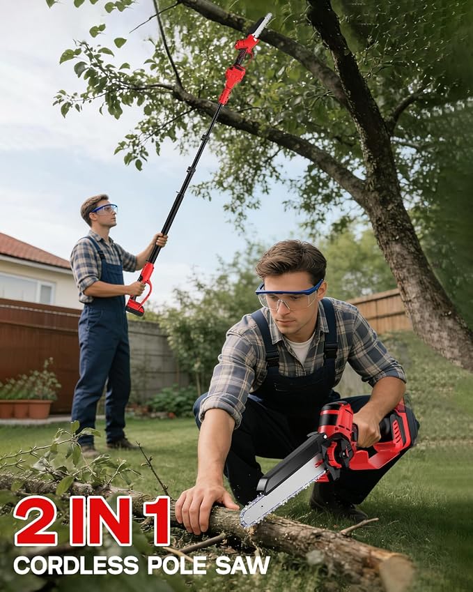 Cordless 8 Inch 2-IN-1 Pole Saw and Chainsaw Compatible with Milwaukee 18V Battery, Electric Pole Saws with Brushless Motor– Extends to 15.9 ft for Tree Trimming & Pruning (Tool Only, No Battery)