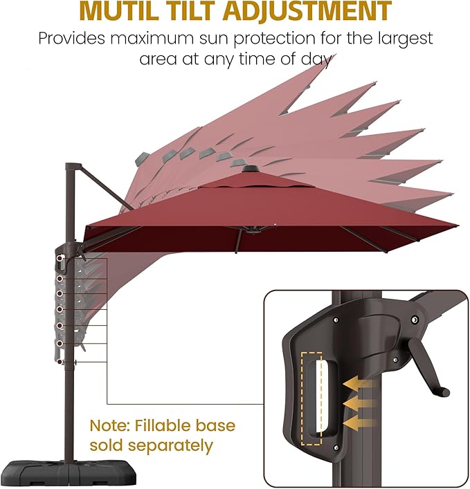 HASLE OUTFITTERS 10x10 FT Patio Cantilever Umbrella, Outdoor Offset Large Heavy Duty Umbrellas with 360° Rotation for Pool Garden Deck，Red