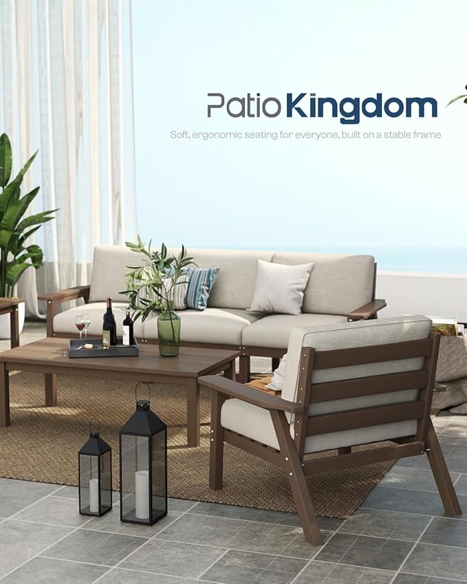 Patio Furniture Set 8 Seats, HDPE Outdoor Sectional with Beige Washable Thick Cushions, Coffee Table, Patio Conversation Sets for Lawn, Garden, Porch, Balcony, Deck (Brown Frame)