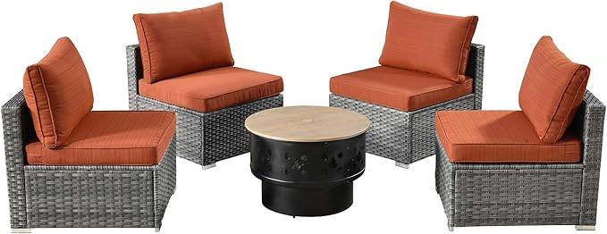 HOOOWOOO 5-Piece Outdoor Wicker Patio Furniture Set, All-Weather Rattan Chairs with Cushions and Fire Pit Table, Modern Garden Conversation Set for Patio, Porch, and Balcony (Orange Red)