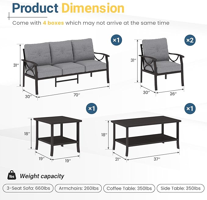 RoyalCraft 5-Pieces Outdoor Patio Furniture Set, Outdoor Metal Sectional Furniture with Cushions, Outdoor Conversation Seating Set with Coffee Table for Balcony, Backyard, Garden, Deck, Grey