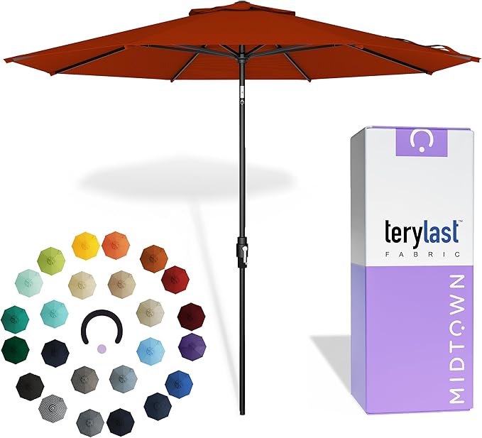 MIDTOWN UMBRELLAS The Swilt 8 Feet Outdoor Umbrella With Terylast Apple (Red) Polyester Fabric - Fiberglass Ribs, Auto-Tilt And Swivel Aluminum Frame Patio Umbrella For Deck, Garden, Pool - Black Pole