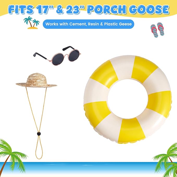 Porch Goose Summer Outfit 3PCS Set, Straw Hat, Swim Ring, Sunglasses | 17/23 Inch Plastic Concrete Cement Lawn Goose Statue, Hawaiian Geese Costume for Garden Outdoor Yard Patio Decor