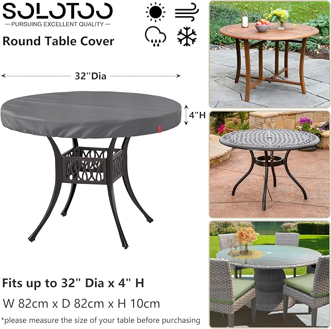 Outdoor Round Table Cover Waterproof UV-Resistant for 32 Inch Diameter Patio Tables - Heavy Duty Weatherproof Table Top Protector with Elastic Hem (Grey)