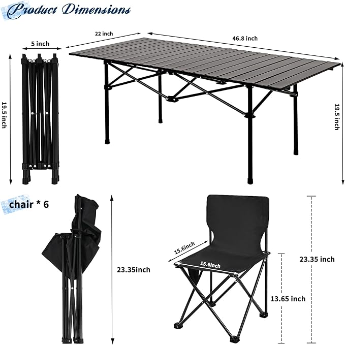 Camping Table Folding Portable Camp Table with 6 Chairs, Folding Picnic Table with Carry Bag Indoor Outdoor for Camping, Beach, Patio, RV, Backyard BBQ, Sturdy, Stable, Easy to Carry, Black