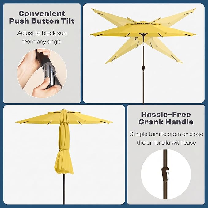 Outdoor Patio Umbrella, 2 Tiers Market Table Umbrella with 8 Sturdy Ribs, Push Button Tilt and Crank, UPF50+ UV Protection for Deck, Pool, Garden and Backyard
