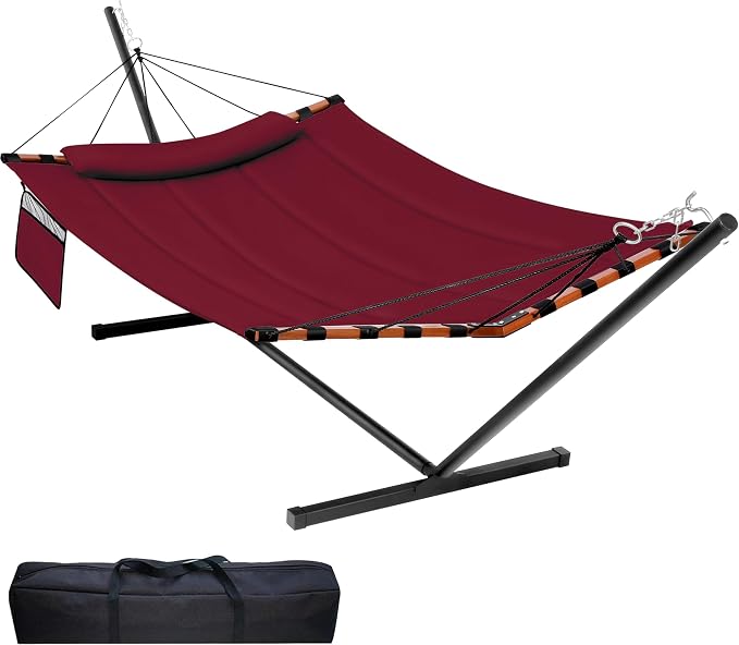TegerDeger 12FT 2 Person Hammock with Stand Included 55 x 79IN Large Hammock 450LB Capacity with Hardwood Spreader Bar & Nylon Rope for Outside, Patio, Garden, Backyard, Beach - Deep Red