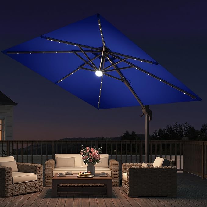JZAC & QZYD 9x9 FT Outdoor Cantilever Patio Umbrella with Base Included and Solar LED Lights, Large Heavy Duty 2-Tier Square Aluminum Offset Umbrellas with 360-Degree Rotation for Pool Deck, Navy