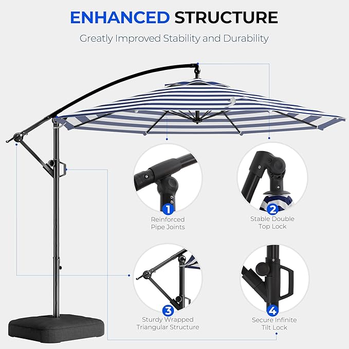 HOMSHADE 10ft Offset Patio Umbrella wIth Base, Cantilever Offset Hanging Patio Outdoor Market Umbrella UPF50+ UV Protection with Easy Tilt and Crank for Pool Deck and Garden(Navy Blue Stripes)