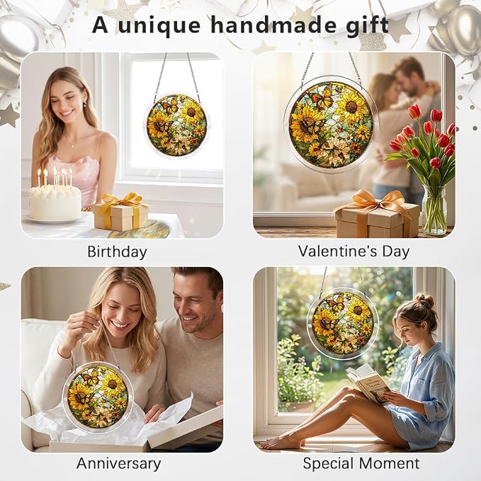Acrylic Puzzle Suncatcher, Sunflower and Butterfly Stained Glass Window Hanging, Sun Catcher Puzzle Kit Home Decor, Creative Mothers Day and Birthdays Gifts for Mom, Wife, Sisters, 7.87 inch