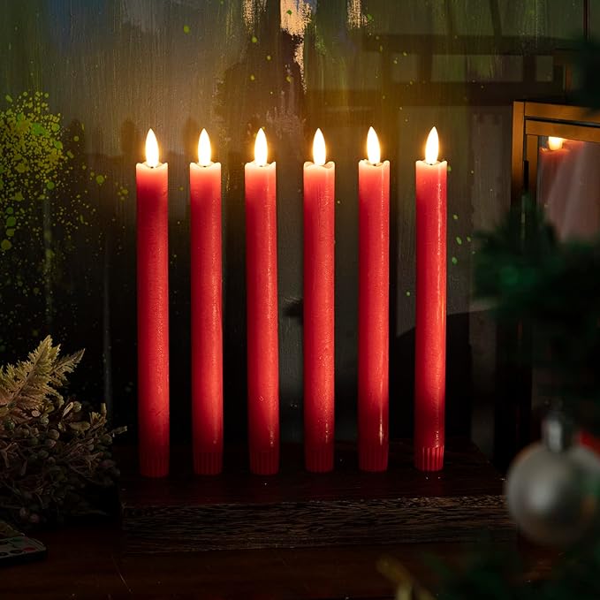 JOIONE Flameless Taper Candles with Remote Timer, 9.6" Red Real Wax Flickering Battery Operated Warm Light Electric LED Candle, Perfect for Christmas Party Wedding Decoration (6 Pack)
