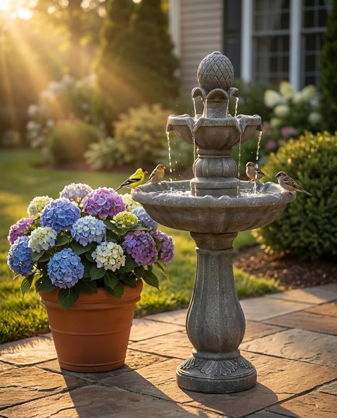 3 Tiered Outdoor/Indoor Water Fountains –42.2'' Tall, Like Stone Bird Bath for Outside, Elegant Waterfall Feature for Garden, Yard, Patio, Home Decor (Grey)
