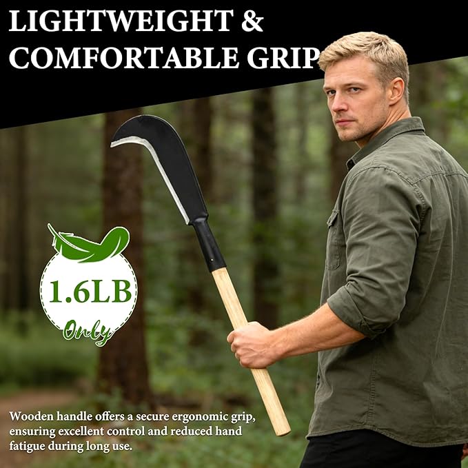 Sickle Garden Tool, Heavy Duty Carbon Steel Billhook Machete for Cutting Trees, Hand Grass Weeding Brush Clearing Sickle Knife with Wooden Handle Sharp Blade Portable for Yard Work Camping Farming