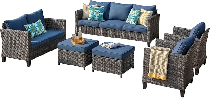 HOOOWOOO 6-Piece Luxury Patio Furniture Set–Comfortable Outdoor Rattan Sofa Set with Loveseat, 2 Chairs, 2 Ottoamns, Weather-Resistant Patio Conversation Set for Deck, Garden, Balcony (Denim Blue)