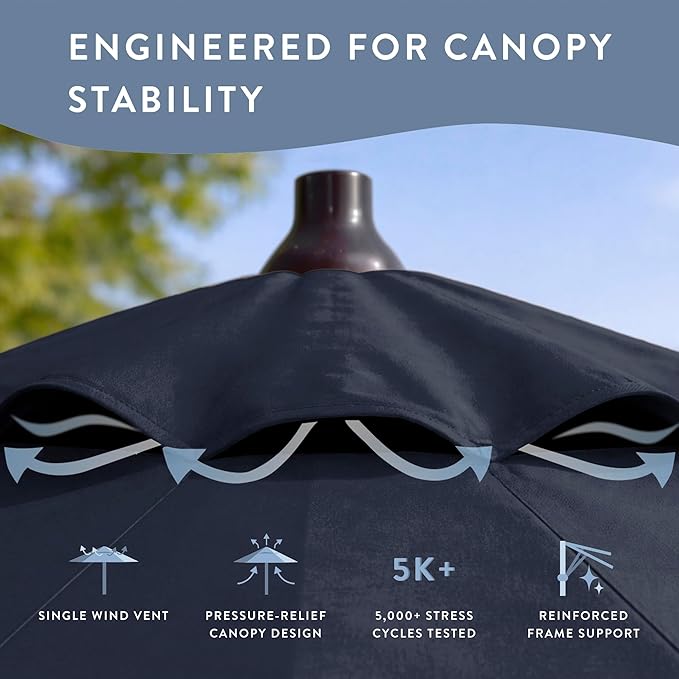 California Umbrella 12-Year Protection 9-Ft Outdoor Patio Umbrella, Sunbrella Fade-Resistant Fabric, Auto-Tilt, Heavy Duty Aluminum Frame, 8 Reinforced Ribs for Pool or Deck, Bronze Pole, Spectrum Indigo