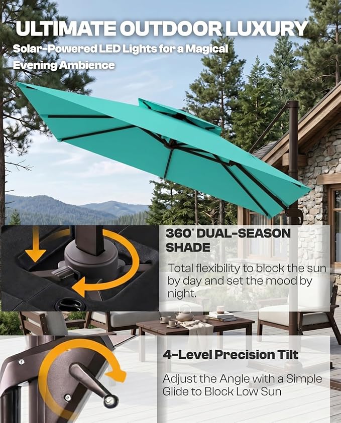 10'×10' Patio Umbrella, Double Top Aluminum Cantilever Umbrella with 360°Rotation, Offset Patio Umbrella with Easy Tilt for Pool Deck Garden Backyard, Turquoise (Base not Included)