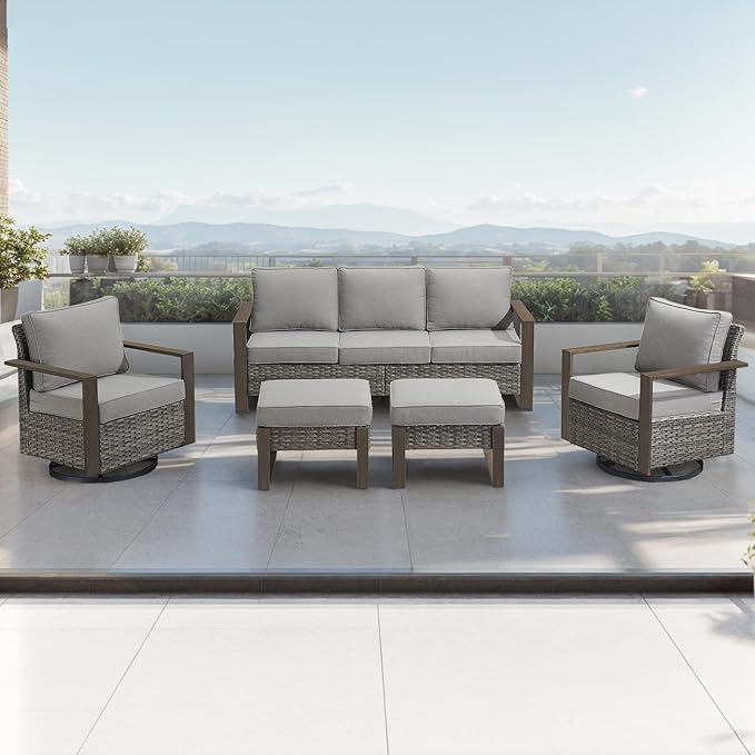 Rilyson Outdoor Wicker Patio Furniture Sets - 5 Piece Patio Conversation Set with 2 Wicker Swivel Rocker Chairs,2 Rattan Ottoman and 1 Couch,Thick Cushions,Deep Seating,Wide Armrest(Mixed Grey/Grey)