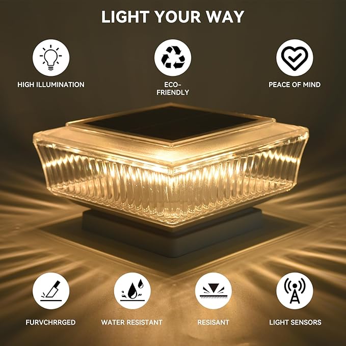 ELUTENG Solar Post Cap Lights, IP64 Waterproof Outdoor LED Fence Post Lights for 4x4 Wood & Vinyl Posts, High Brightness Solar Deck Lights for Patio, Porch, Yard and Garden Decoration