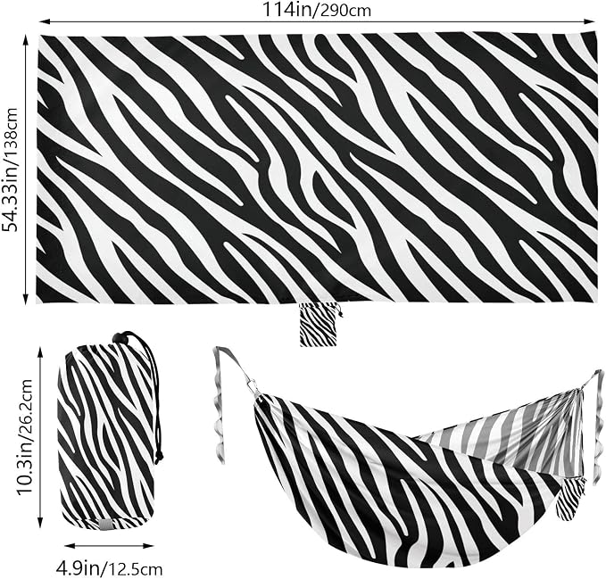 Zebra Print Camping Hammock, Portable Lightweight Single Hammock with Tree Straps and Aluminum Carabiners, 114" x 54" Travel Hammock for Hiking Backpacking Beach