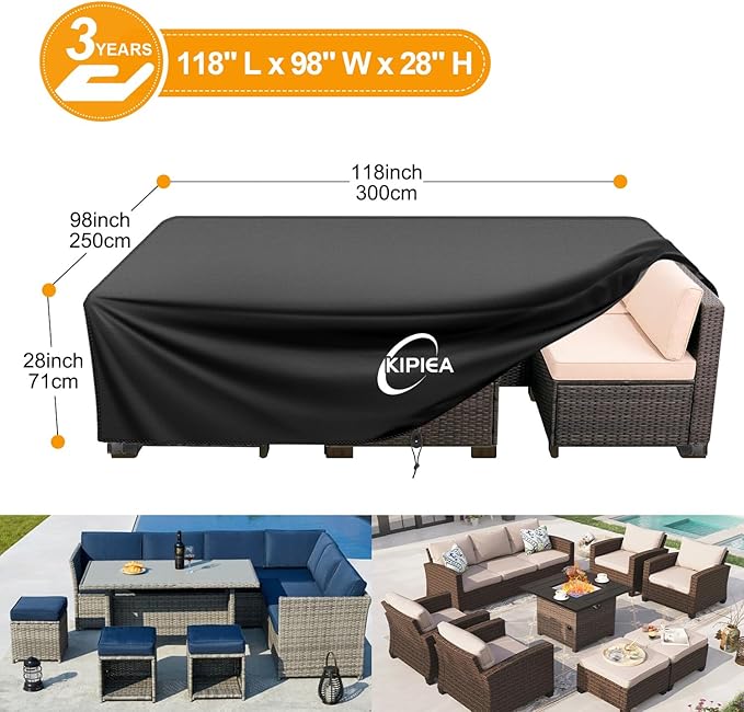 Kipiea Outdoor Furniture Covers Waterproof, 420D Heavy-Duty Patio Furniture Set Covers, No Tears Anti UV No Fading,118" L x 98" W x 28" H