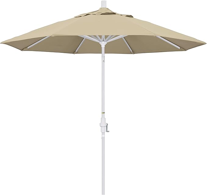 California Umbrella 9' Round Aluminum Patio Umbrella, Crank Lift, Collar Tilt, White Pole, Antique Beige