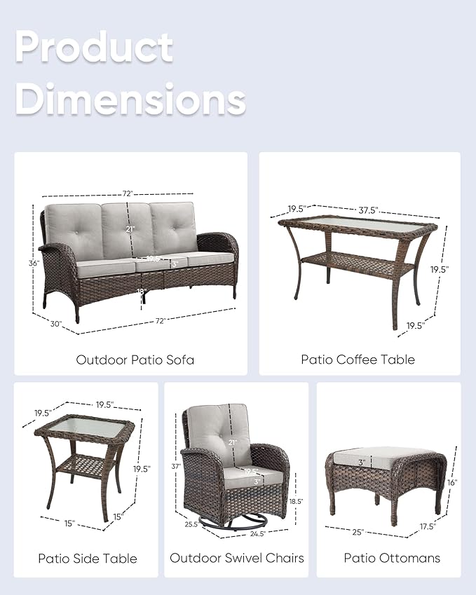 7 Pieces Outdoor Patio Furniture-Swivel Patio Chairs Set of 2 Outdoor Wicker Rattan Sofa Couch with Ottoman Outdoor Conversation Set for Deck Porch Garden Balcony Poolside-Brown/Beige
