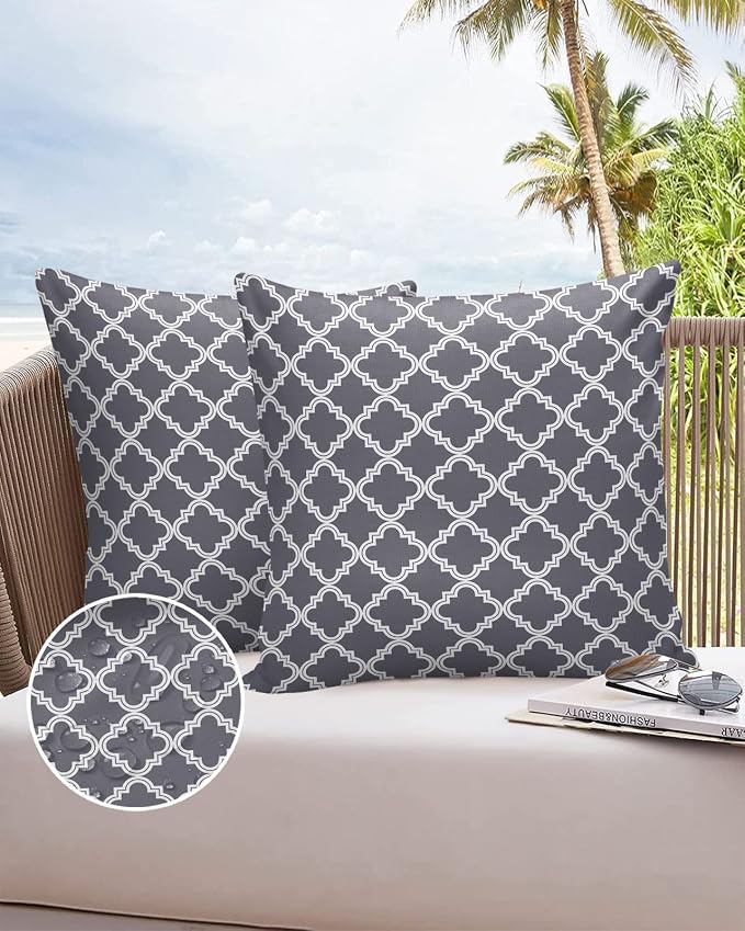Outdoor Waterproof Pillow Covers for Patio Furniture Moroccan Pattern Decorative Throw Pillow Cover Dark Grey Pillowcases Set of 2 Cushion Case for Sofa Couch Chair Home Decor 26x26 inch