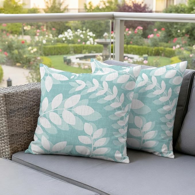 Pale Teal Leaves Outdoor Waterproof Throw Pillow Covers 20x20 Set of 2, Farmhouse Botanical Branch Vintage Boho Leaf Decorative Pillowcases Cushion Pillowcase for Couch Sofa Patio Pillow Protector
