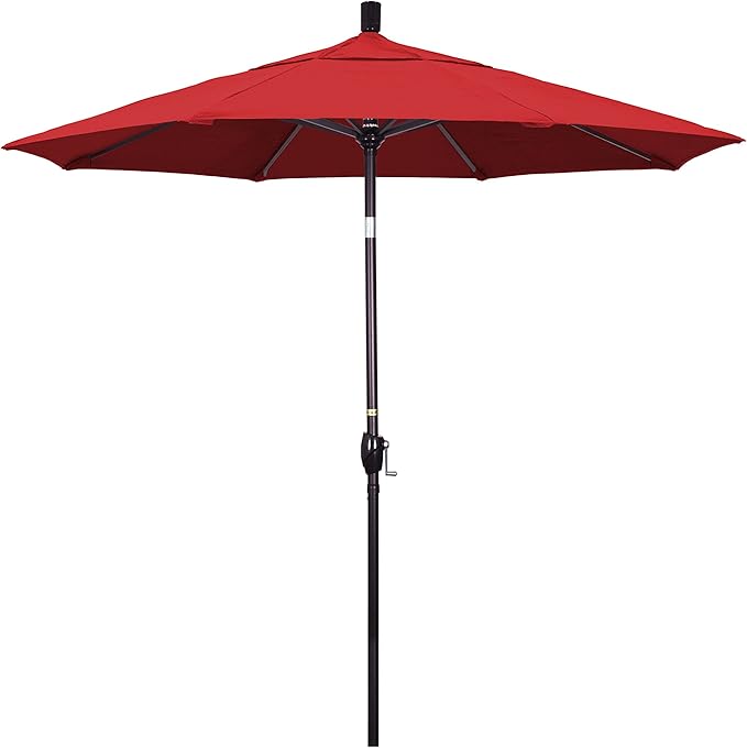California Umbrella 7.5' Round Aluminum Market Umbrella, Crank Lift, Push Button Tilt, Bronze Pole, Canvas Jockey Red